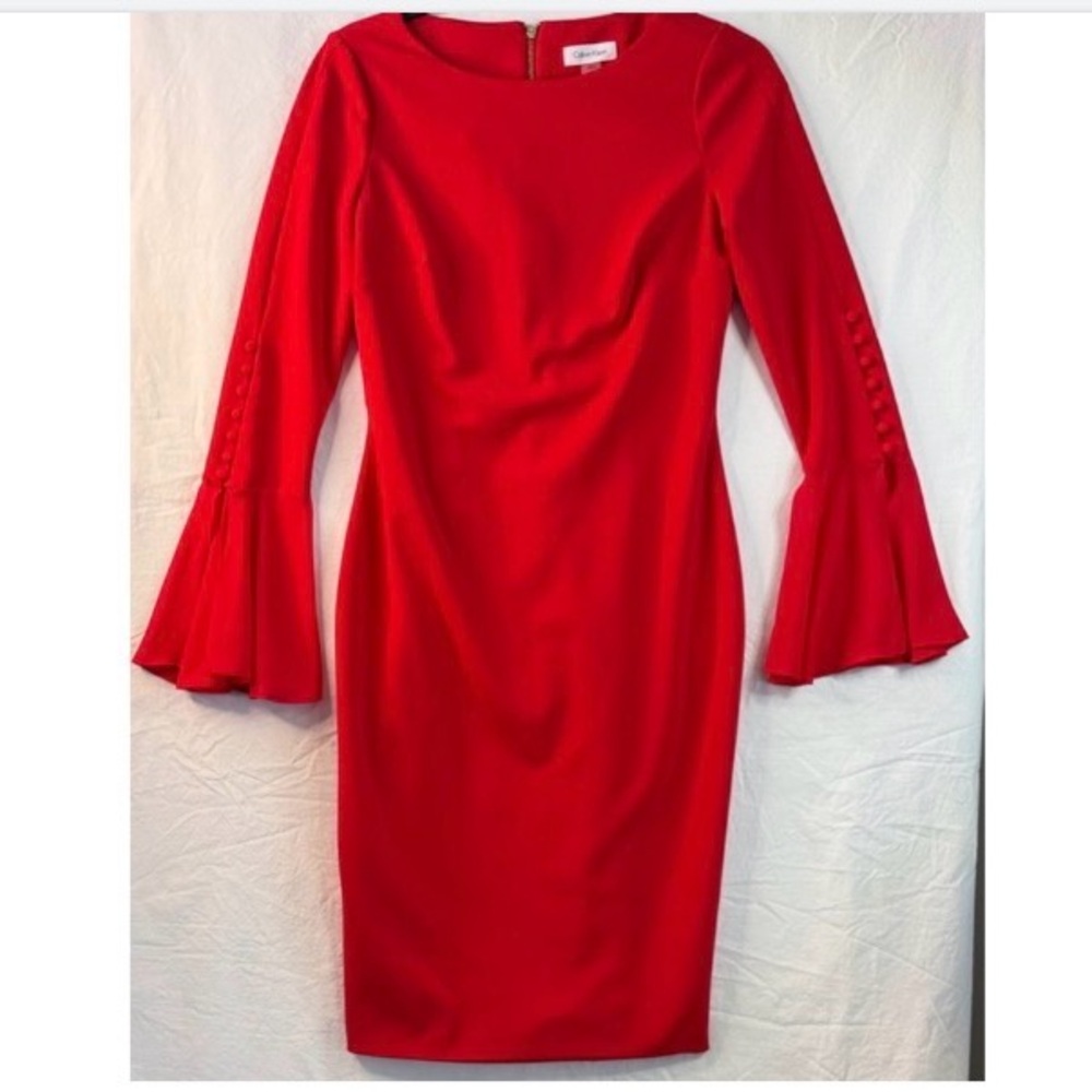Calvin Klein Red Bell-Sleeve Midi Sheath Dress